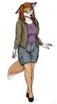  2021 anthro bottomwear breasts brown_body brown_fur canid canine canis clothed clothing dipstick_tail domestic_dog female fizzymus fur hair mammal mina_vanek multicolored_tail orange_hair shorts simple_background solo whiskers white_background 