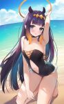  1girl ayamy bangs barefoot beach black_gloves blue_eyes blunt_bangs blush breasts dress gloves halo highres hololive hololive_english long_hair looking_at_viewer mole mole_under_eye multicolored_hair ninomae_ina&#039;nis open_mouth pointy_ears purple_hair smile solo tentacle_hair thighhighs virtual_youtuber 