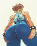  1girl 2021 alternate_costume artist_name ass ass_focus ass_grab bare_shoulders breasts brown_eyes brown_hair cameltoe chun-li cleft_of_venus double_bun from_below hair_bun highres shimetta_masuta shiny shiny_clothes solo sparkle street_fighter street_fighter_zero_(series) upper_body 