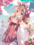 1girl :d animal_ears bare_shoulders blue_sky blush bow braid breasts brown_hair cleavage cloud commentary_request day dress flower green_eyes hair_flower hair_ornament hair_ribbon long_hair long_sleeves looking_at_viewer maho_(princess_connect!) medium_breasts open_mouth outdoors pink_flower princess_connect! princess_connect!_re:dive purple_flower rainbow red_bow red_dress red_flower red_ribbon ribbon see-through shirogane_hina single_braid sky sleeveless sleeveless_dress smile solo very_long_hair wide_sleeves 