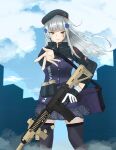  1girl absurdres assault_rifle bag bangs beret black_legwear blue_skirt checkered checkered_skirt closed_mouth cloud cloudy_sky eyebrows_visible_through_hair from_below girls_frontline green_eyes gun h&amp;k_hk416 hat highres hk416_(girls_frontline) holding holding_bag holding_hand holding_weapon holster jacket long_hair rifle silver_hair simple_background skirt sky solo standing taishi_karibe thighhighs uniform weapon 