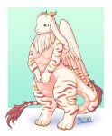  anthro blueclayman dragon feathered_wings feathers featureless_crotch fluffy full-length_portrait hi_res horn hybrid lagomorph leporid male mammal mane neck_tuft portrait rabbit simple_background standing stripes tail_tuft tuft wings 