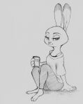  anthro barefoot bottomwear clothed clothing disney female fully_clothed judy_hopps lagomorph leporid looking_at_viewer mammal motsuko8 pants rabbit shirt sitting smile solo t-shirt topwear zootopia 