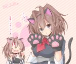  2girls animal_ears ascot blue_eyes brown_hair cat_ears cat_tail closed_eyes commentary_request dated fake_animal_ears flower gloves hachimaki hairband headband high_ponytail highres icesherbet japanese_clothes kantai_collection long_hair looking_at_viewer messy_hair military military_uniform multiple_girls muneate paw_gloves paw_pose paw_print paws ponytail red_flower red_neckwear red_rose rose sheffield_(kancolle) striped tail translation_request uniform upper_body zuihou_(kancolle) 