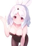  1girl animal_ears arctic_hare_(kemono_friends) bare_arms bare_shoulders black_legwear black_leotard breasts bunny_ears bunny_girl bunny_tail cleavage collarbone commentary disconnected_mouth eyebrows_visible_through_hair hand_up kemono_friends large_breasts leaning_forward leotard light_smile looking_at_viewer medium_hair note_(suzu_note000) pantyhose playboy_bunny rabbit_girl red_eyes simple_background solo tail white_background white_hair 