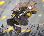  404_logo_(girls_frontline) ammunition_pouch black_gloves black_jacket black_legwear black_ribbon blurry boots brown_eyes exoskeleton fingerless_gloves full_body girls_frontline gloves grey_hair gun h&amp;k_ump45 hair_ornament highres holding holding_gun holding_weapon hood hooded_jacket jacket koenza_botoke long_hair midair one_side_up open_mouth pantyhose pouch ribbon scar scar_across_eye shirt thigh_strap tied_hair trigger_discipline ump45_(girls_frontline) weapon white_shirt 