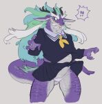  ! anthro antlers asian_mythology bebebebebe blush bottomwear claws clothed clothing crossdressing dragon east_asian_mythology eastern_dragon eyebrows facial_hair green_hair grey_background grey_body grey_scales hair horn male mythology neckerchief open_mouth panties pleated_skirt purple_body purple_scales scales school_uniform simple_background skirt slightly_chubby solo thick_eyebrows underwear uniform upskirt wide_eyed 