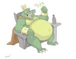  2021 absurd_res anthro belly big_belly bottle canson cape chair claws clothing crocodilian crown donkey_kong_(series) fangs furniture grail green_body green_skin hi_res jewelry king_k._rool kremling male navel nintendo outie_navel overweight overweight_anthro overweight_male reptile scalie sharp_teeth smile solo teeth throne video_games yellow_body yellow_skin 