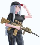  1girl absurdres assault_rifle bangs belt black_belt black_headwear black_shirt blue_hair breasts camouflage camouflage_pants eyebrows_visible_through_hair girls_frontline green_eyes gun h&amp;k_hk416 hand_on_headwear highres hk416_(girls_frontline) holding holding_weapon holster holstered_weapon huge_filesize long_hair looking_away medium_breasts pants rifle shirt solo standing topgear weapon white_background 