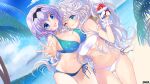  2girls beach bikini clouds jaeger_sixth long_hair purple_hair sakuratsuki_(sakuradukiyoru) sky swimsuit tagme_(character) tree water wink 