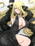  1girl arm_up black_choker black_dress black_gloves blonde_hair breasts choker cleavage cynthia_(pokemon) dress elbow_gloves feather_boa gloves grey_eyes hair_ornament hair_over_one_eye highres huge_breasts long_hair omiza_somi one_eye_covered parted_lips plunging_neckline pokemon pokemon_(game) pokemon_dppt solo very_long_hair 