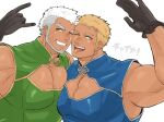  2boys :d bara bare_shoulders beard biceps blue_dress blush couple dark_skin dark_skinned_male dress face-to-face facial_hair green_dress harada_(basashi) large_pectorals light_brown_hair long_sideburns male_cleavage male_focus mature_male multiple_boys muscular muscular_male one_eye_closed open_mouth original pectoral_docking pectoral_press short_hair smile translation_request upper_body waving white_hair yaoi 