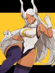  1girl absurdres animal_ears bangs boku_no_hero_academia bunny_ears covered_abs crescent_print dark_skin dark_skinned_female eyebrows_visible_through_hair fur_collar gloves grin highleg highleg_leotard highres leotard long_hair mirko muscular muscular_female omiza_somi parted_bangs purple_legwear rabbit_girl red_eyes silver_hair simple_background smile solo superhero teeth thick_thighs thighhighs thighs white_gloves white_leotard 