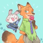  1:1 2021 anthro blush bottomwear canid canine chibi clothed clothing dipstick_ears disney duo food fox fully_clothed fur holding_food holding_object holding_popsicle judy_hopps lagomorph leporid mammal multicolored_ears necktie nick_wilde open_mouth open_smile orange_body orange_fur pants pawpsicle police_uniform popsicle rabbit red_fox rikuo_(artist) shirt simple_background smile topwear uniform vertical_bar_eyes zootopia 