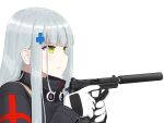  1girl bangs blue_hair closed_mouth cross_print eyebrows_visible_through_hair girls_frontline gloves green_eyes gun highres hk416_(girls_frontline) holding holding_gun holding_weapon long_hair looking_away profile solo_focus topgear uniform weapon white_background white_gloves 