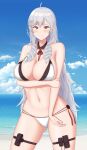  1girl algerie_(azur_lane) algerie_(white_sand_angel)_(azur_lane) azur_lane bare_shoulders beach bikini blue_sky blush breasts cleavage closed_mouth crossed_arms drill_hair eyebrows_visible_through_hair highres large_breasts long_hair looking_at_viewer mole mole_on_breast mole_under_eye navel ocean purple_eyes silver_hair sky smile solo standing swimsuit topgear white_bikini 