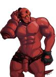  1boy abs absurdres bald bara beard black_hair broken_horn chest_hair colored_skin demon_boy facial_hair feet_out_of_frame flaccid foreskin hellboy hellboy_(comic) highres horns large_pectorals male_focus male_pubic_hair mature_male monster_boy muscular muscular_male navel navel_hair nipples nude pants penis pubic_hair red_skin rjay_(rjay_owo) short_hair solo stomach tail thick_thighs thighs torn_clothes torn_legwear torn_pants uncensored yellow_eyes 