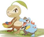  absurd_res anthro berry blush bowl crocodilian dorobo_39 duo elemental_creature flora_fauna food fruit grass hi_res leaf nintendo nuzleaf plant pok&eacute;mon pok&eacute;mon_(species) pok&eacute;mon_mystery_dungeon reptile scalie scarf totodile video_games 