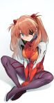  1girl bangs blue_eyes blush breasts evangelion:_3.0_you_can_(not)_redo eyepatch hair_ornament highres long_hair neon_genesis_evangelion nonco orange_hair plugsuit rebuild_of_evangelion shikinami_asuka_langley simple_background sitting small_breasts smile solo souryuu_asuka_langley twintails white_background 