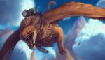  2021 brown_body brown_fur day detailed_background digital_media_(artwork) dragon duo feathered_wings feathers feral fur furred_dragon kasia88 open_mouth outside riding sky teeth tongue wings 