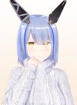 1girl azur_lane blue_hair cable_knit closed_mouth eyebrows_visible_through_hair gascogne_(azur_lane) hair_ornament hand_up highres looking_at_viewer medium_hair ribbed_sweater simple_background solo sweater topgear white_sweater yellow_eyes 
