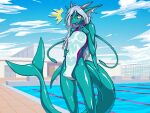  aliasing anthro aquatic_dragon balls blush bulge clothed clothing crossdressing detailed_background dragon ear_fins erection erection_under_clothing fin genitals girly glistening glistening_body glistening_skin hair horn long_hair lying male marine nipples noah_(artist) on_back on_ground one-piece_swimsuit outside penis pink_nipples poolside solo swimming_pool swimwear tail_fin teal_scales translucent translucent_clothing wet wet_clothing white_hair yellow_eyes 