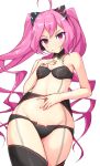  black_panties breasts cleavage detached_collar eyebrows_visible_through_hair grace_(sound_voltex) hand_on_own_chest hand_on_own_stomach kuro_(be_ok) looking_at_viewer midriff navel panties pink_eyes pink_hair simple_background small_breasts smile sound_voltex twintails underwear white_background 