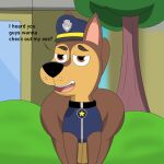  absurd_res big_butt brown_body brown_eyes brown_fur butt canid canine canis chase_(paw_patrol) clothing collar colossalstars domestic_dog feral fur german_shepherd herding_dog hi_res male mammal pastoral_dog paw_patrol police_uniform solo uniform wide_hips 