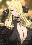  1girl black_dress blonde_hair breasts choker cleavage cynthia_(pokemon) dress elbow_gloves feather_boa finger_to_cheek gloves grey_eyes hair_ornament hair_over_one_eye highres huge_breasts jewelry long_hair necklace omiza_somi one_eye_covered parted_lips plunging_neckline pokemon pokemon_(game) pokemon_dppt solo upper_body very_long_hair 