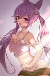  1girl :d bare_arms bare_shoulders black_shorts bra braid breasts camisole cowboy_shot crop_top fang genshin_impact hair_ears hair_ornament keqing_(genshin_impact) long_hair looking_at_viewer moth1 navel open_mouth panties pink_eyes purple_hair shirt short_shorts shorts shorts_pull sleeveless sleeveless_shirt small_breasts smile solo spaghetti_strap stomach strap_slip twintails underwear white_bra white_panties 