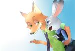  2016 4_fingers anthro belt belt_pouch black_nose blue_eyes bottomwear bulletproof_vest canid canine clothing dipstick_ears disney duo eye_contact female fingers fox fur gesture gradient_background green_eyes grey_body grey_fur judy_hopps lagomorph leporid long_ears looking_aside looking_at_another male mammal motsuko8 multicolored_ears necktie nick_wilde open_mouth orange_body orange_fur pants pink_nose pointing rabbit red_fox shirt side_view simple_background smile topwear white_body white_fur wrist_guards zootopia 