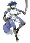  alpha_channel anthro big_breasts black_nose blue_body blue_fur blue_hair bra breasts canid canine clothing female fox fur gun hair hi_res krystal mammal melee_weapon midriff navel nintendo open_mouth panties ranged_weapon solo star_fox sword tied_tail underwear video_games weapon yawg 