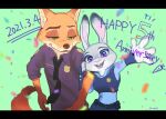  2021 anthro belt buckteeth canid canine clothed clothing confetti dipstick_ears disney duo english_text female fox fully_clothed fur green_background green_eyes hi_res judy_hopps lagomorph leporid looking_at_viewer male mammal motsuko8 multicolored_ears necktie nick_wilde open_mouth open_smile orange_body orange_fur police_uniform purple_eyes rabbit red_fox shirt signature simple_background smile teeth text topwear uniform zootopia 