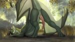  16:9 anus ass_up butt dragon erection feral forest genitals green_body hi_res hondra horn jadedragoness long_penis looking_at_viewer male penis plant presenting presenting_hindquarters quadruped scalie solo spread_legs spreading stripes tree western_dragon widescreen wings y_anus 