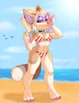  2021 anthro beach blue_eyes breasts canid canine canis day detailed_background digital_media_(artwork) digitigrade domestic_dog ear_piercing ear_ring ei-ka eyebrows eyelashes female mammal outside piercing pink_nose sand seaside shoreline sky smile solo water 