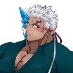  1boy alternate_costume bara blush close-up dark_skin dark_skinned_male face fang green_shirt half_mask highres horns kizami_nori_to_yamaimo large_pectorals male_cleavage male_focus monster_boy muscular muscular_male no_pupils partially_unbuttoned portrait shirt short_hair shuten_douji_(tokyo_houkago_summoners) single_horn solo tokyo_houkago_summoners white_hair 