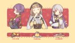 3girls ^_^ beige_dress bernadetta_von_varley black_headwear brown_gloves brown_hair closed_eyes commentary_request cropped_torso earrings facing_viewer fire_emblem fire_emblem:_three_houses food food_request from_side gloves haconeri hand_up head_tilt jewelry long_sleeves lysithea_von_ordelia mercedes_von_martritz multiple_girls pink_eyes profile pudding purple_hair short_hair silver_hair smile sweet_potato upper_body yellow_background 