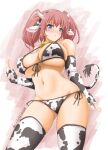  1girl akimoto_dai alternate_costume animal_ears animal_print atlanta_(kancolle) bikini breasts brown_hair commentary_request contrapposto cow_ears cow_horns cow_print cow_tail cowboy_shot fake_animal_ears fake_horns fingerless_gloves gloves grey_eyes highres horns index_finger_raised kantai_collection large_breasts long_hair looking_at_viewer side-tie_bikini solo swimsuit tail thighhighs two_side_up white_bikini white_gloves white_legwear 