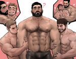  3boys ? abs arm_grab bara beard black_hair blush boxers boy_sandwich brown_hair bulge cheek_kiss chest_hair facial_hair hairy heart hug jang_ju_hyeon kiss large_pectorals latex latex_legwear light_brown_hair male_focus male_underwear mature_male multiple_boys muscular muscular_male mustache navel navel_hair nipples original sandwiched short_hair stomach thick_eyebrows thought_bubble underwear underwear_only yaoi 