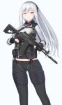  1girl absurdres ak-12 ak-12_(girls_frontline) bangs black_gloves black_pants breasts closed_mouth eyebrows_visible_through_hair girls_frontline gloves gun highres holding holding_weapon holster long_hair looking_at_viewer one_eye_closed pants partially_fingerless_gloves purple_eyes rifle silver_hair smile solo standing topgear uniform weapon white_background 