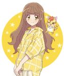  1girl artist_request blush brown_eyes brown_hair eyelashes hair_down happy healin&#039;_good_precure highres hiramitsu_hinata long_hair looking_at_viewer nyatoran_(precure) precure shirt sketch smile solo source_request standing yellow_shirt 