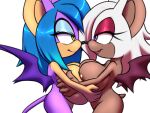  2021 4:3 anthro big_breasts blue_hair boop breast_size_difference breast_squish breasts breasts_frottage chiropteran eye_contact fan_character female female/female furball_(artist) hair huge_breasts looking_at_another mammal membrane_(anatomy) membranous_wings meron_the_bat nose_boop penny_the_bat portrait purple_eyes side_boob side_view simple_background smile sonic_the_hedgehog_(series) squish three-quarter_portrait white_background white_hair wings yellow_eyes 