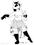  2020 anthro belladonna_(tegerio) beverage breasts clothed clothing dancing female grass_skirt mammal monochrome nipples procyonid raccoon soda soda_bottle solo tegerio topless 