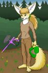  anthro blonde_hair brown_eyes canid canine female fennec fizzymus forest fox fur hair mammal outside paintball paintball_gun plant robin_(the_whiteboard) solo the_whiteboard tree webcomic whiskers yellow_body yellow_fur young 