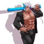  1boy abs alternate_costume bara bare_pecs baseball_bat black_jacket black_pants bulge dark_skin dark_skinned_male fang feet_out_of_frame half_mask highres horns jacket kizami_nori_to_yamaimo large_pectorals male_focus monster_boy muscular muscular_male nipples no_pupils open_clothes open_jacket over_shoulder pants short_hair shuten_douji_(tokyo_houkago_summoners) single_horn smile solo stomach tokyo_houkago_summoners white_hair 