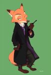  anthro canid canine clothed clothing coat disney fox full-length_portrait fully_clothed fur green_background hi_res male mammal motsuko8 nick_wilde orange_body orange_fur portrait red_fox simple_background solo standing topwear zootopia 