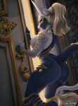  bedroom blonde_hair blue_eyes bracelet breasts butt canid canine collar door gold_(metal) gold_jewelry hair hi_res inside inviting jewelry long_ears long_hair looking_at_viewer lovepuma69 mammal nude ponytail smile stripes 