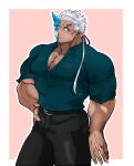  1boy alternate_costume bara blush bulge dark_skin dark_skinned_male fang feet_out_of_frame green_shirt half_mask highres horns kizami_nori_to_yamaimo large_pectorals male_cleavage male_focus monster_boy muscular muscular_male no_pupils partially_unbuttoned shirt short_hair shuten_douji_(tokyo_houkago_summoners) single_horn solo tokyo_houkago_summoners white_hair 