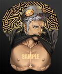  1boy bara bare_pecs black_shirt breast_mousepad cropped_torso dark_skin dark_skinned_male facial_hair frown grey_headwear headphones headphones_removed iwai_munehisa jacket large_pectorals lifted_by_self long_sideburns looking_at_viewer male_focus mature_male mousepad_(medium) mouth_hold muscular muscular_male na_insoo nipples open_clothes open_jacket pectoral_focus pectorals persona persona_5 sample shirt shirt_lift short_hair sideburns silver_hair solo stubble 