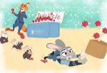  2021 anthro barefoot belt bottomwear canid canine clothing cricetid disney fio_0220 food fox fur grey_body grey_fur group hamster holding_food holding_object holding_popsicle judy_hopps lagomorph leporid mammal necktie nick_wilde open_mouth orange_body orange_fur pants pawpsicle popsicle rabbit red_fox rodent shirt topwear tripping zootopia 